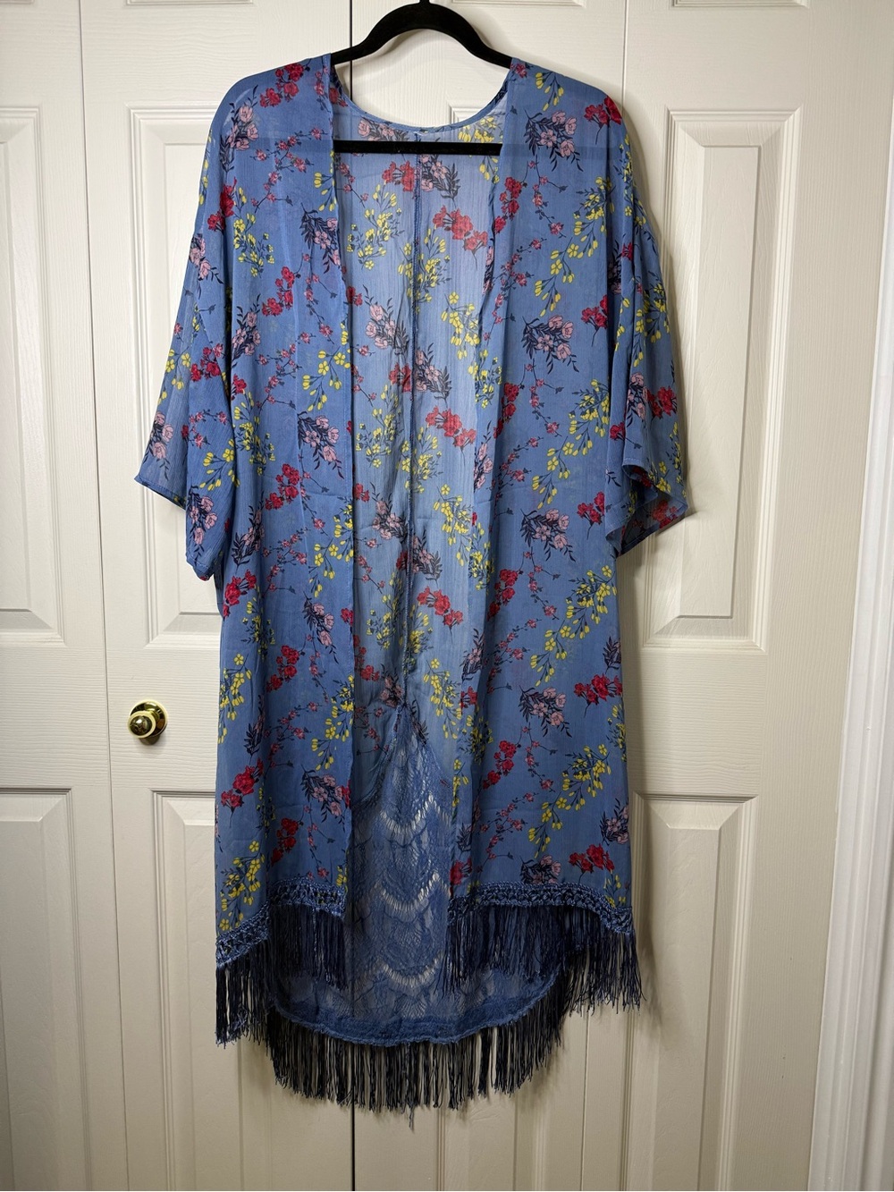 Blue Floral Fringe Kimono Cover-Up